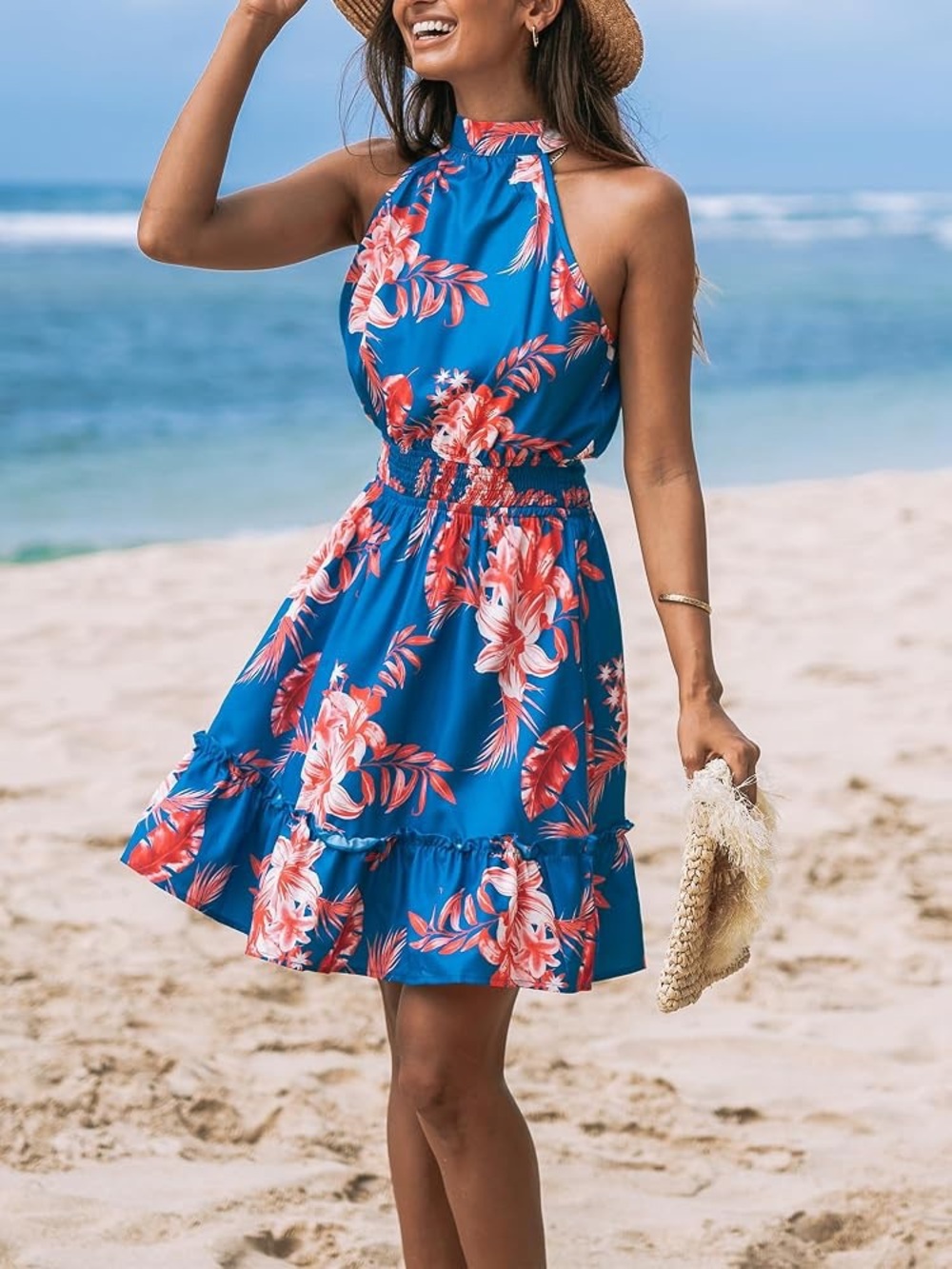 Halter-Neck Blue Floral Summer Dress